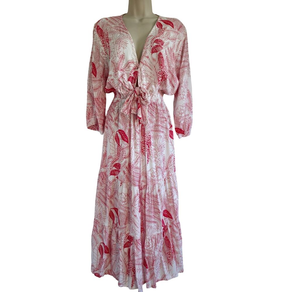 Khush Floral Tiered Midi Dress Size L White Red V-neck Boho Cottage Resort - Picture 3 of 12
